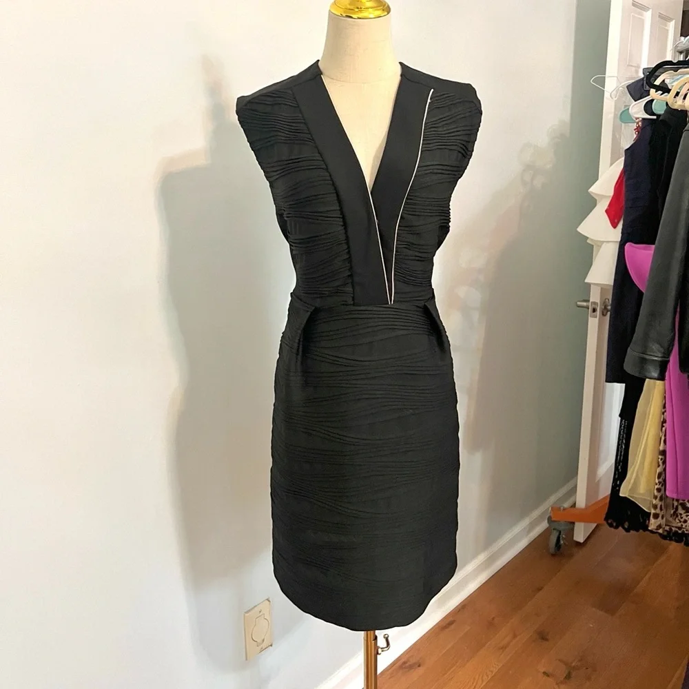 Claudie Pierlot, Paris Black Ruched Cocktail Sheath Dress Plunge,EUC, 38 Size 6